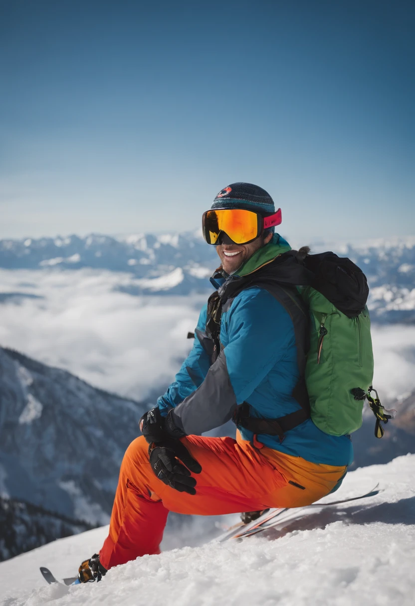 A photo of the ski instructor doing a one-handed handplant on the edge of a cliff, with a breathtaking view of the mountain range in the background,original,a quintessential ski bum, lives and breathes the slopes of Jackson Hole, with his sun-bleached hair, weathered skin, and a perpetual grin beneath his mirrored goggles. His attire is a colorful mishmash of vintage ski gear, patched up from years of backcountry adventures, embodying his free-spirited and carefree approach to life. , male