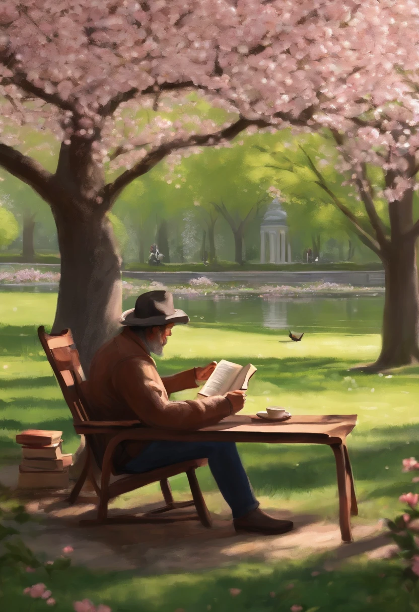 A cozy shot of me enjoying a peaceful afternoon with a book and a cup of tea, surrounded by blooming cherry blossoms in the park.,original,sasquatch, male