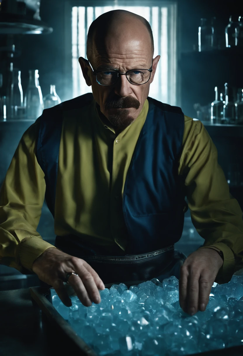 A photo of Walter carefully examining a batch of blue crystal meth in a dimly lit lab.,Breaking Bad,Walter White, the central character of “Breaking Bad,” undergoes a dramatic transformation in appearance: from a meek, unassuming high school chemistry teacher with a mustache and glasses, to the bald, bearded figure known as “Heisenberg,” exuding menace and authority. His wardrobe shift from nondescript, muted clothing to darker, more assertive attire mirrors his descent into the criminal world. , male