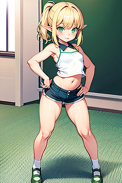 loli, blonde hair, big green eyes, low ponytail, parted bangs, classroom, wide hips, full body, short shorts, (masterpiece:1), (abundant detail:1), arched, elf ears, braless