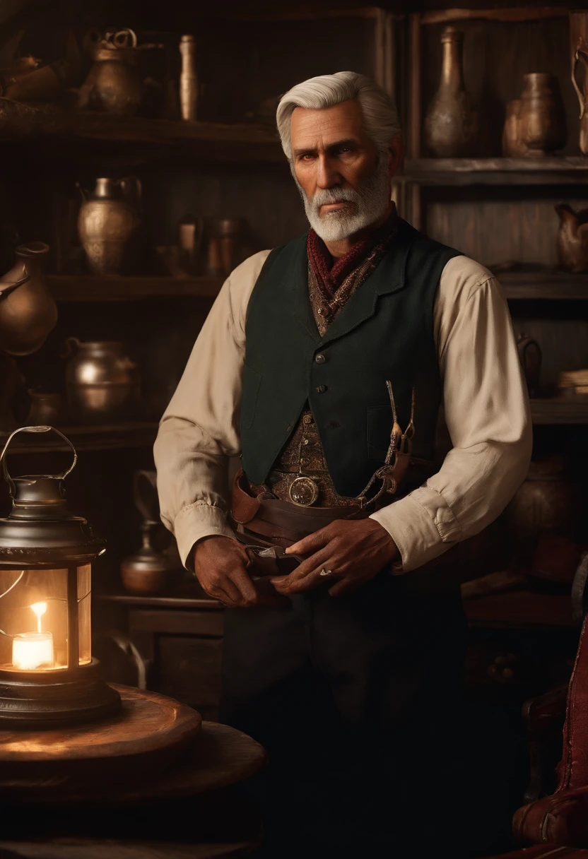 A photo of Hosea showcasing his antique collection of rare and valuable items from around the world.,Red Dead Redemption II, Hosea is a lean, elderly man with neat, silver hair cut short and a clean-shaven face., male