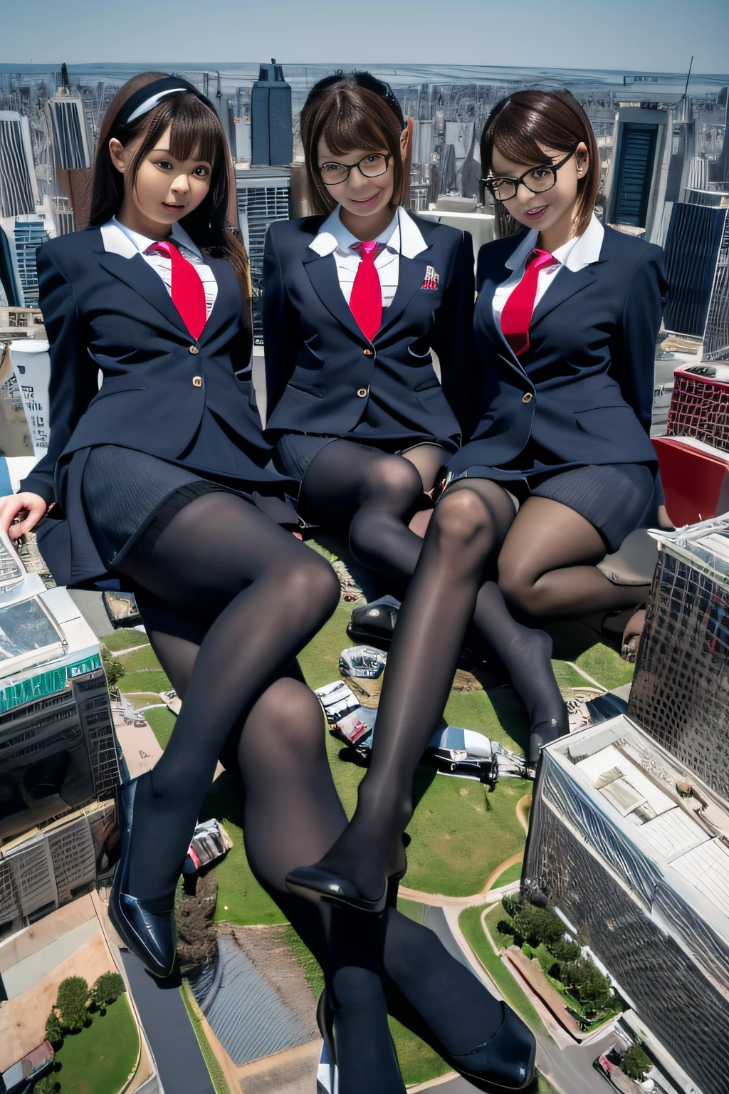 multiple girls, giantess art, a hyperrealistic schoolgirl, , highly detailed giantess shot, der riese, Shorthair, black pantyhose, Giant high school girl bigger than a skyscraper。wearing rimless glasses。huge tit。Navy blue blazer、Red tie、Mini Length Skirt、black pantyhose、Pantyhose sole、pantyhose toes、shoes are taken off。very small metropolis。Trying to crush a miniature metropolis。Full body depiction。gts, giantess, black pantyhose, pantyhose feet, pantyhose foot, ,stomping city,crash city,tiny city,micro city,