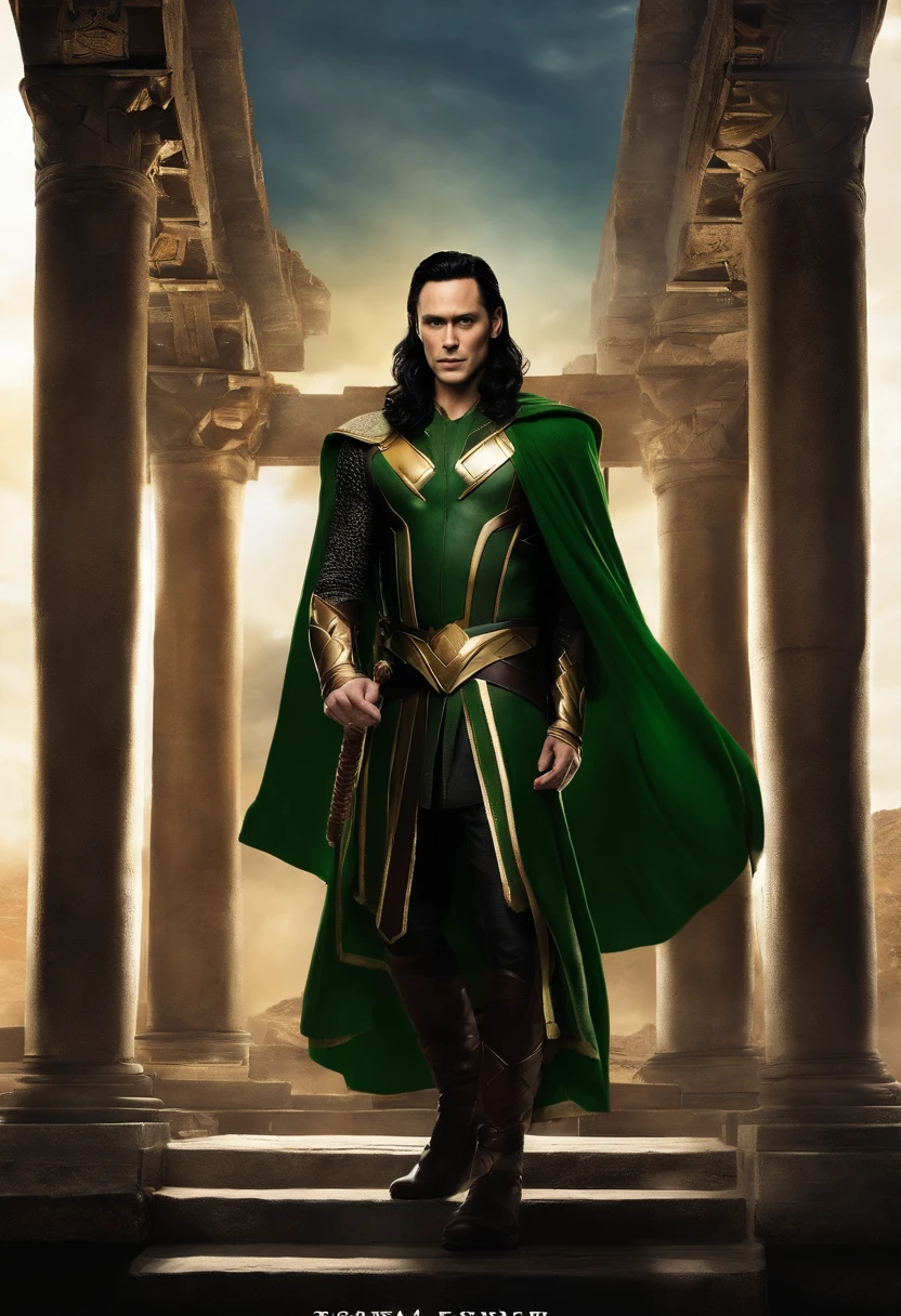 A photo of Loki exploring the ancient ruins of Jotunheim, uncovering hidden artifacts,Marvel Cinematic Universe,Loki, the “God of Mischief” is depicted in Marvel Comics and the Marvel Cinematic Universe, as a figure of mischief and complexity. he is seen with slicked-back black hair, often wearing a green and gold Asgardian costume that reflects both his royal heritage and his penchant for flair., male