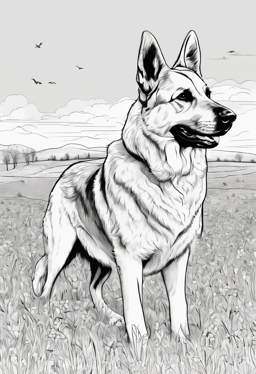 Kids illustration, German Sheperd in a field, realistic style, thick lines, high detail, vivid color