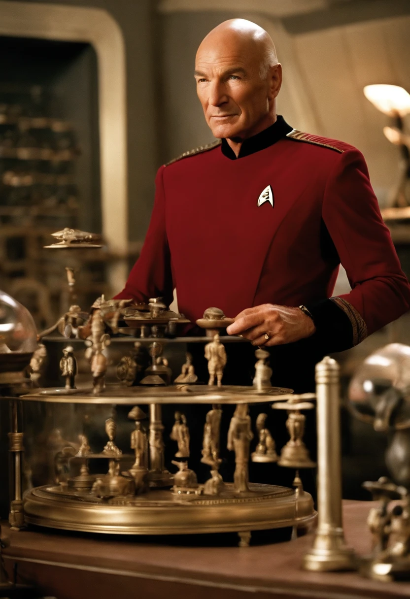 A photo of Captain Picard carefully arranging a display of ancient artifacts in the ship's archaeology lab.,Star Trek: The Next Generation,Picard is bald, with a poised, upright bearing, and a measured, commanding presence that complements his tactical brilliance. His visage is marked by sharp, discerning eyes and a stately air, often clad in the sleek, red and black Starfleet uniform that denotes his rank and the respect he commands as captain, male