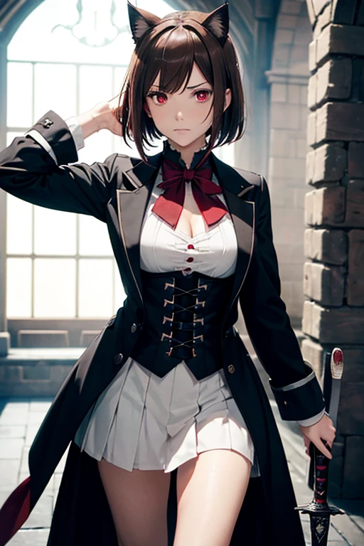 girl with(Assassin)、Light Brown Short Bob、It has small scratched cat ears.、Red eyes、large full breasts、black butler tailcoat、smart clothing、Look at me with an angry look、I have a sword in my hand、Inside a castle in medieval Europe、Cinematic lighting、hight resolution、high-level image quality、独奏、