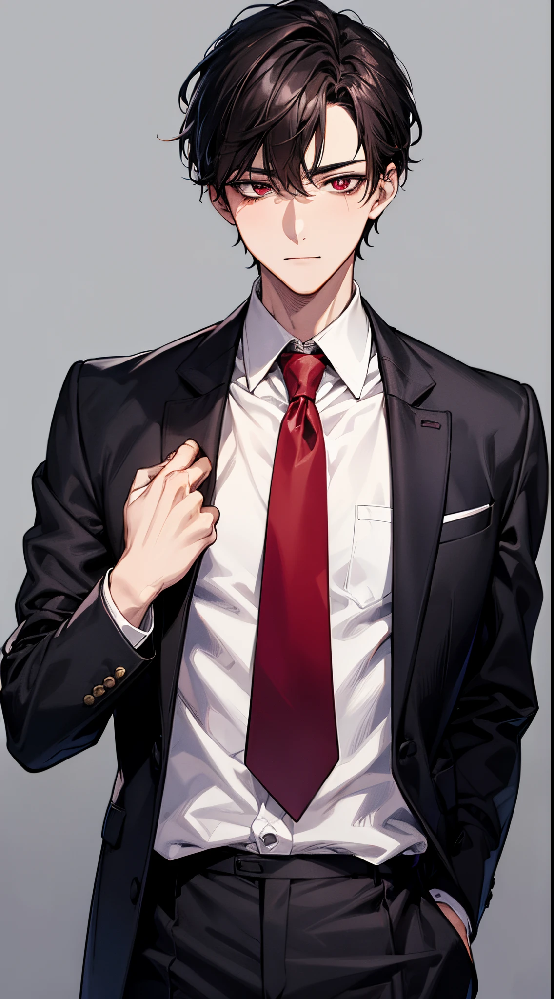 1man, facing front、Face Focus, [[[Adults]]], Business suits, jaket, white  shirt, neck tie, Underpants, frontage, top-quality, adopt, A detailed face, simple background、white backgrounid、[[[Dark hair]]]、[[[red eyes]]]、confident facial expression、The upper part of the body