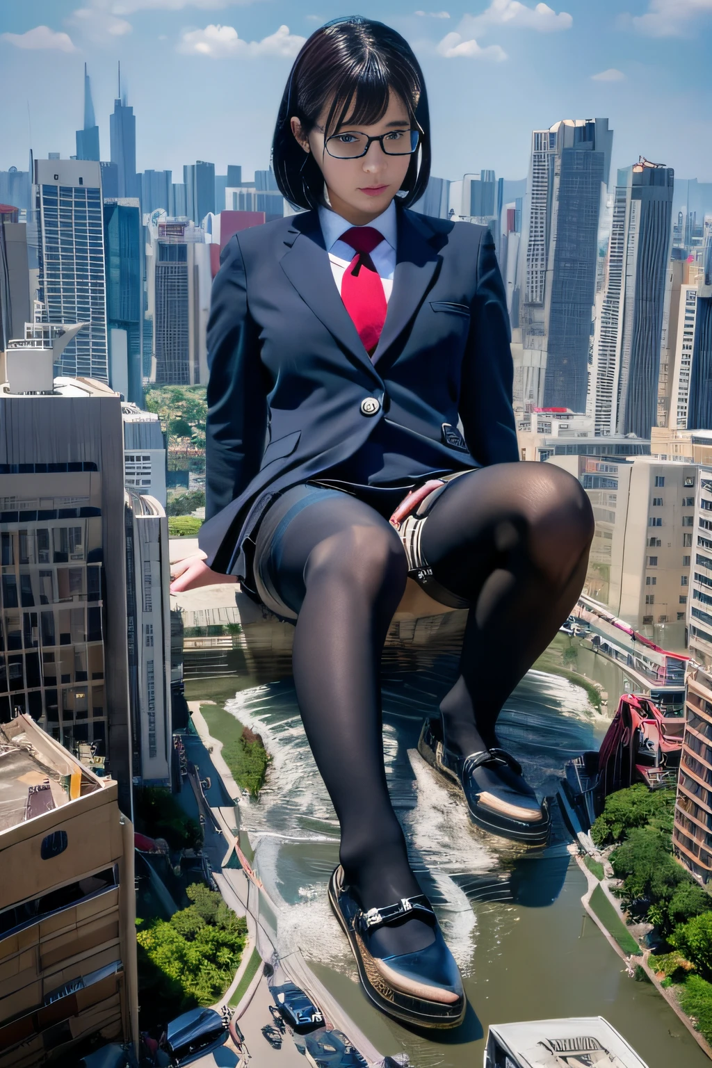 multiple girls, giantess art, a hyperrealistic schoolgirl, , highly detailed giantess shot, der riese, Shorthair, black pantyhose, A huge high school girl that is much bigger than a skyscraper。wearing rimless glasses。huge tit。Navy blue blazer、Red tie、Mini Length Skirt、black pantyhose、I don't wear shoes.。very small metropolis。miniature metropolis。In a miniature metropolis that is only feet tall.、Squatting down and urinating。Urine Falls。torrent of urine。sea of urine。Small trains and cars are being washed away by urine.。Full body depiction。gts, giantess, black pantyhose, pantyhose feet, pantyhose foot, ,stomping city,crash city,tiny city,micro city, peeing,