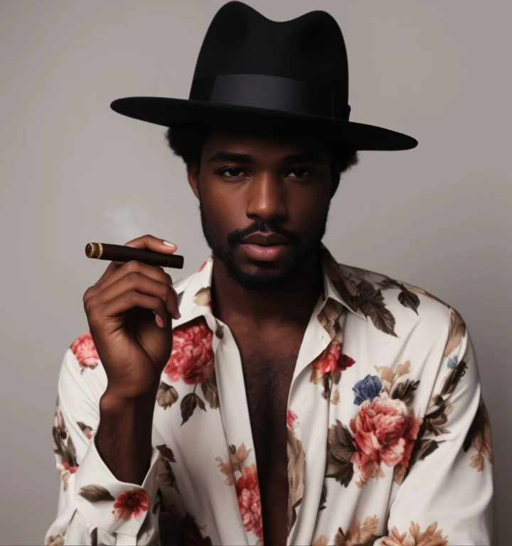 sharp man in hat and shirt smoking a cigar, a suited man in a hat, inspirado em Barkley Hendricks, com charuto, segurando um charuto, inspired by Theo Constanté, segurando charuto, Cowboy Negro, Foto em estilo de Tyler Mitchell, retrato de alta qualidade, photoshoot de moda high-end, caracter with brown hat, wearing a bowler hat