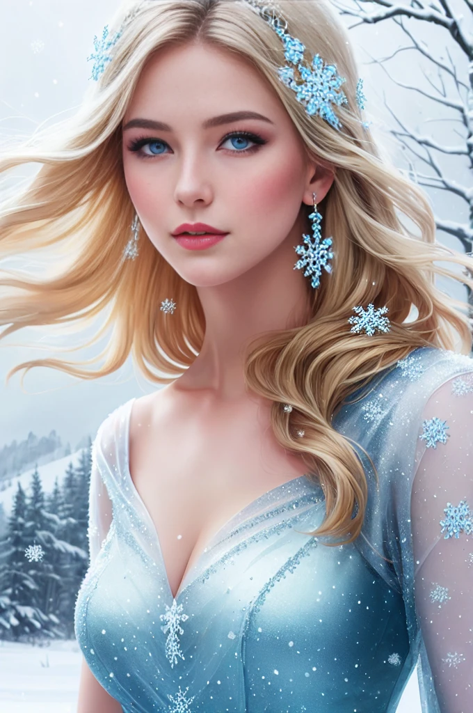 elsa, full body, detailed facial features, flowing blonde hair, vibrant blue eyes, elegant pose, icy dress, snowy landscape, magical snowflakes, (best quality, 4k, realistic:1.2, vivid colors:1.1), artgerm style, soft and smooth skin, glowing with ethereal light, captivating expression