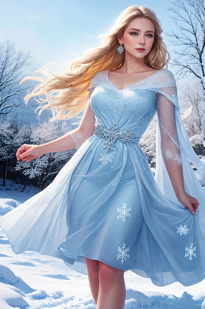elsa, full body, detailed facial features, flowing blonde hair, vibrant blue eyes, elegant pose, icy dress, snowy landscape, magical snowflakes, (best quality, 4k, realistic:1.2, vivid colors:1.1), artgerm style, soft and smooth skin, glowing with ethereal light, captivating expression