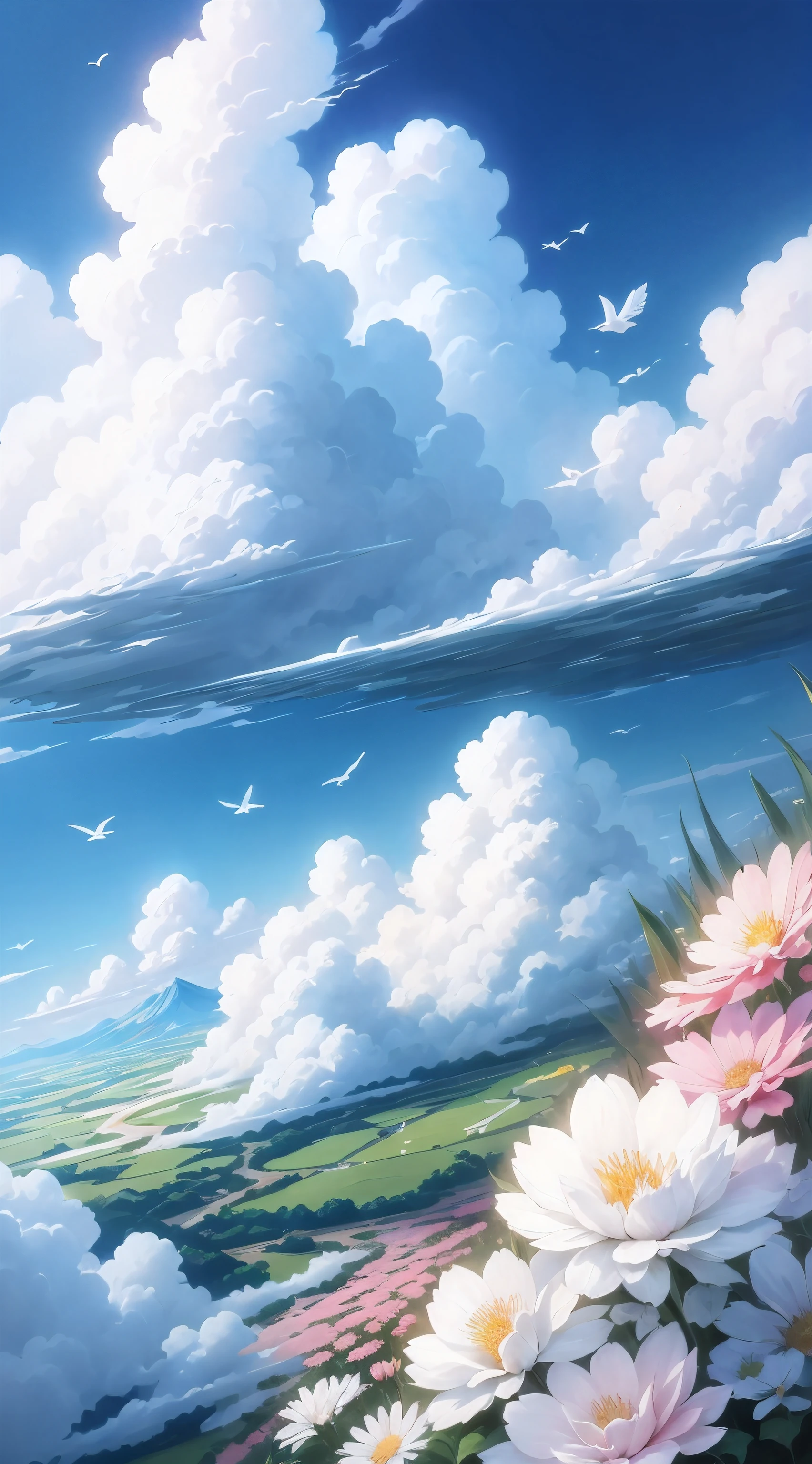 Flower field painting of birds flying in the sky, detail painting 4k, drawn in anime artist studio, in white cloud wonderland, drawn by Yang J, anime beautiful peaceful scene, high quality digital painting, beautiful floating clouds. Anime, beautiful anime scenes, Rose Tran. Landscape background, beautiful digital painting, white cloud fairyland --v6