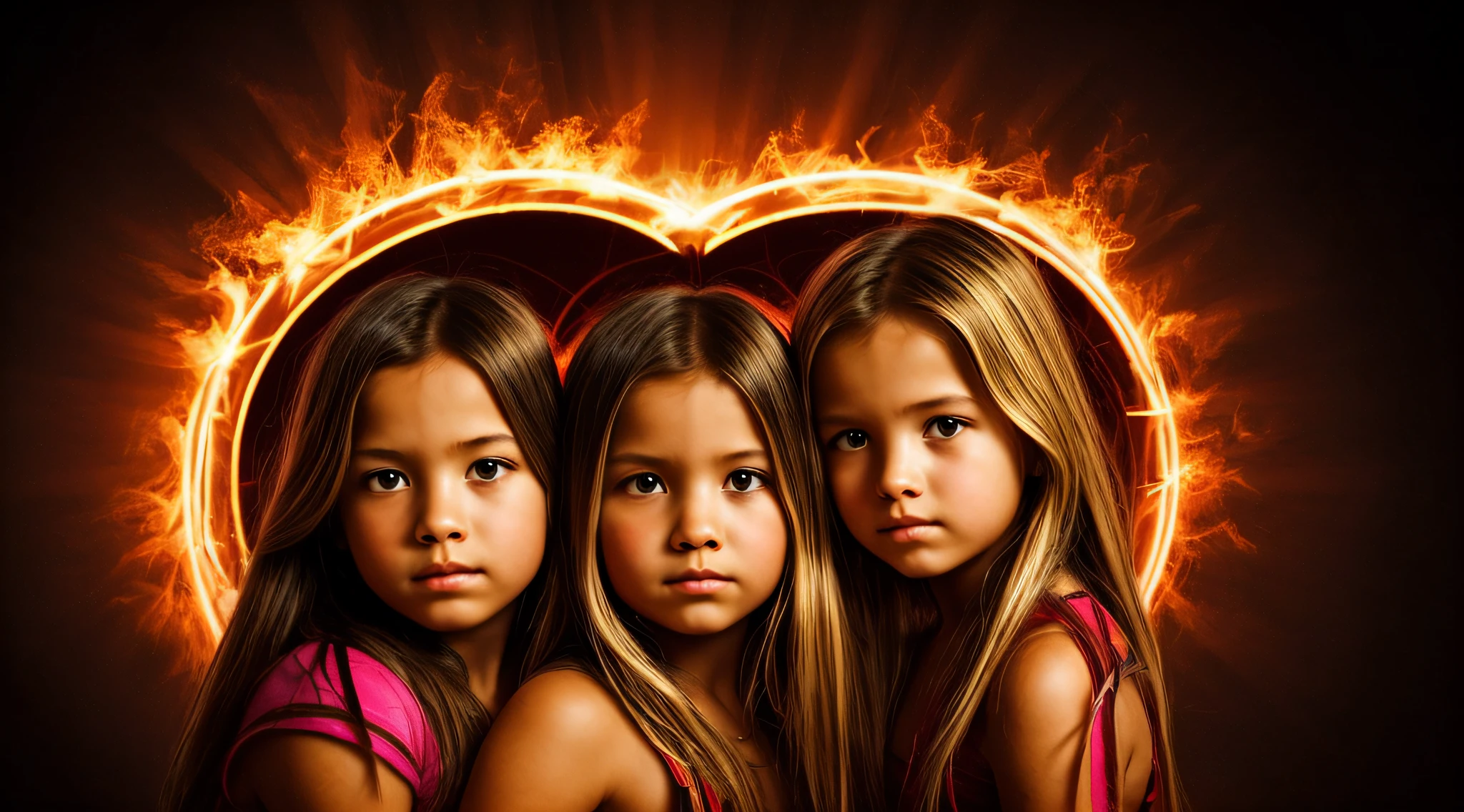 halo de NEON luminoso, there are two CHILDREN GIRLS WITH BLONDE HAIR in front of a ring of fire,