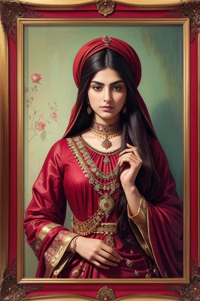 Persian Qajar period woman , in traditional red-pink clothes  , background contains painting of nightingale among rose and peony flowers, floral frame , ((perfect rectangular frame))