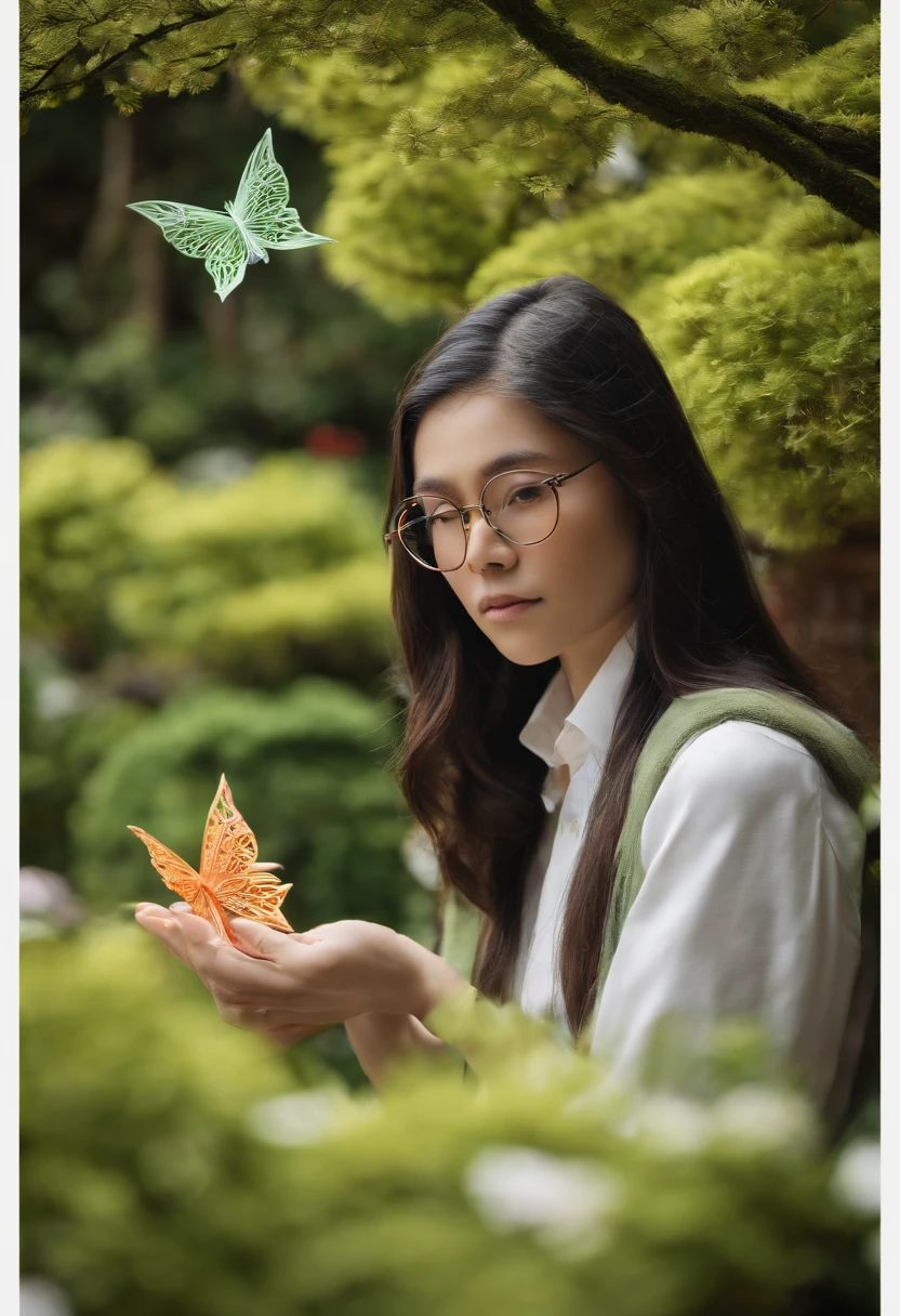ButterflyEffect taking a photo of an intricate origami installation in a serene Japanese garden,original,ButterflyEffect has long hair and wire rim glasses. He has a hook nose and bright green eyes., male