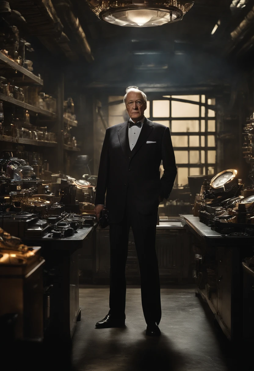 An image of Alfred standing in the Batcave, holding a set of new gadgets.,Batman,Alfred is 60 years old man, very fit, trimmed hair, wearing suit and bow tie and dress shoes. He’s always shaved with salt pepper hair , male