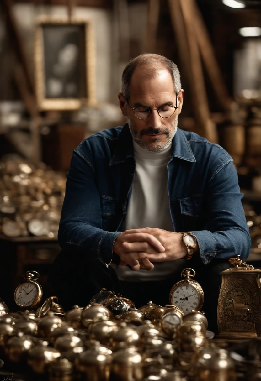 A photo of Jobs admiring the intricate details of a vintage pocket watch collection at an antique market,original,Steve Jobs, the co-founder of Apple Inc., was known for his signature style: a black turtleneck, blue jeans, and New Balance sneakers, creating a minimalist and iconic image. He had a slender build and an intense, penetrating gaze, often accompanied by a contemplative or fiercely determined expression., male