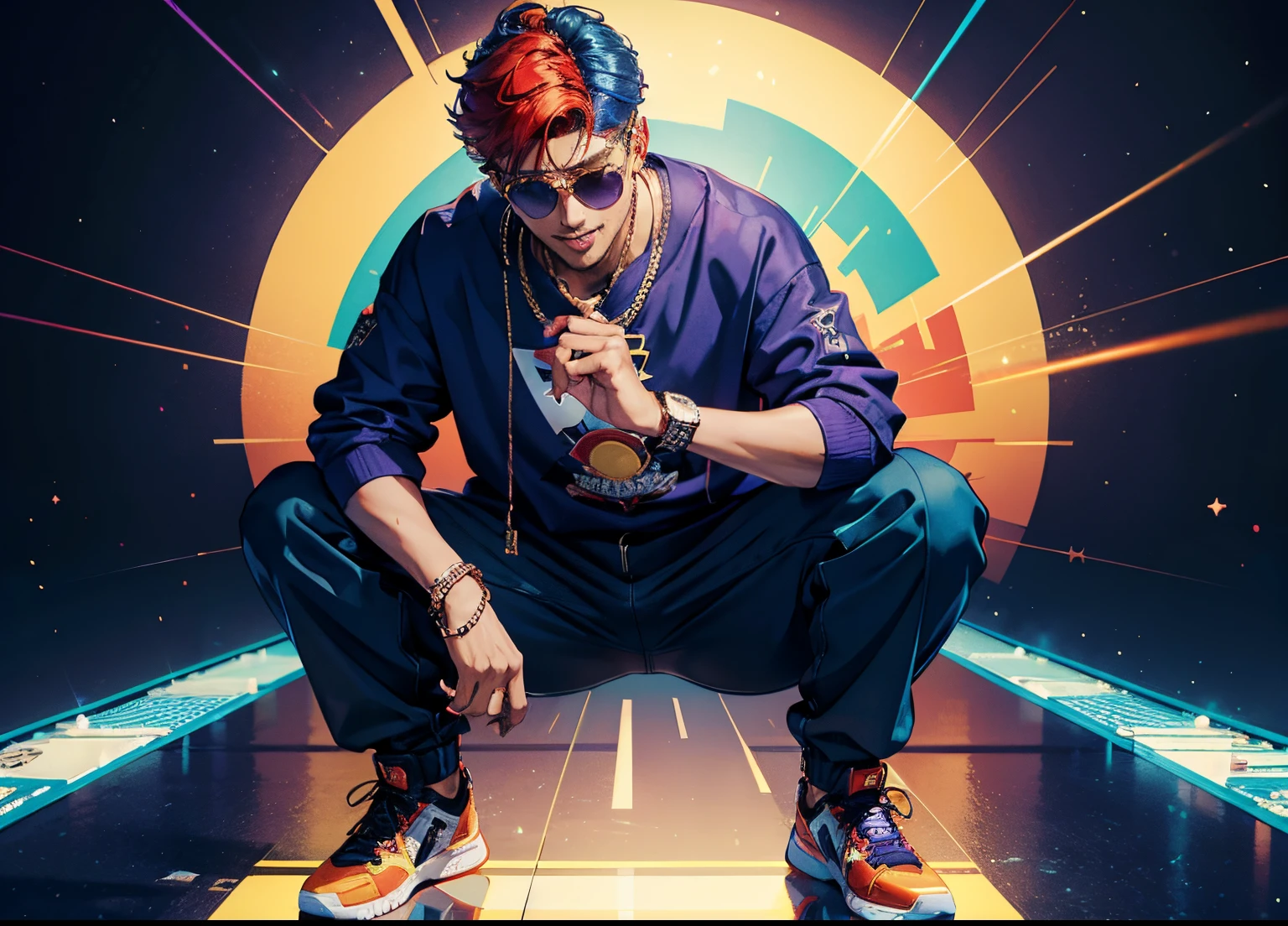 tmasterpiece, Best quality at best, hyper-detailing, CG illustration, Proper shading, Best quality,8K,tmasterpiece,Master illustration,1人,Tall boy,Full-body art,Handsome,Handsome,Skinny,Earphone,Earphone,hip hop hat,giggles,largeeyes,golden rings,silver necklace,musicians,music master,DJ,Hip hop,bungie,rapping,Rochas,Music,🎵,Wide-leg pants,sun glasses,microphones,holding a mic,vocal,Handsome boy,Red and blue hair,Explosive hairstyle,popcorn hairstyle,Handsome,rapping,Disco,pop star,The scene of the explosion,High board shoes,open minded,wide outer lining,Diffuse color,Dark purple clothes,Blue lining,orange clothes,purpleish color,blue colors,orange clothes,laser wind,Laughing,laughing heartily