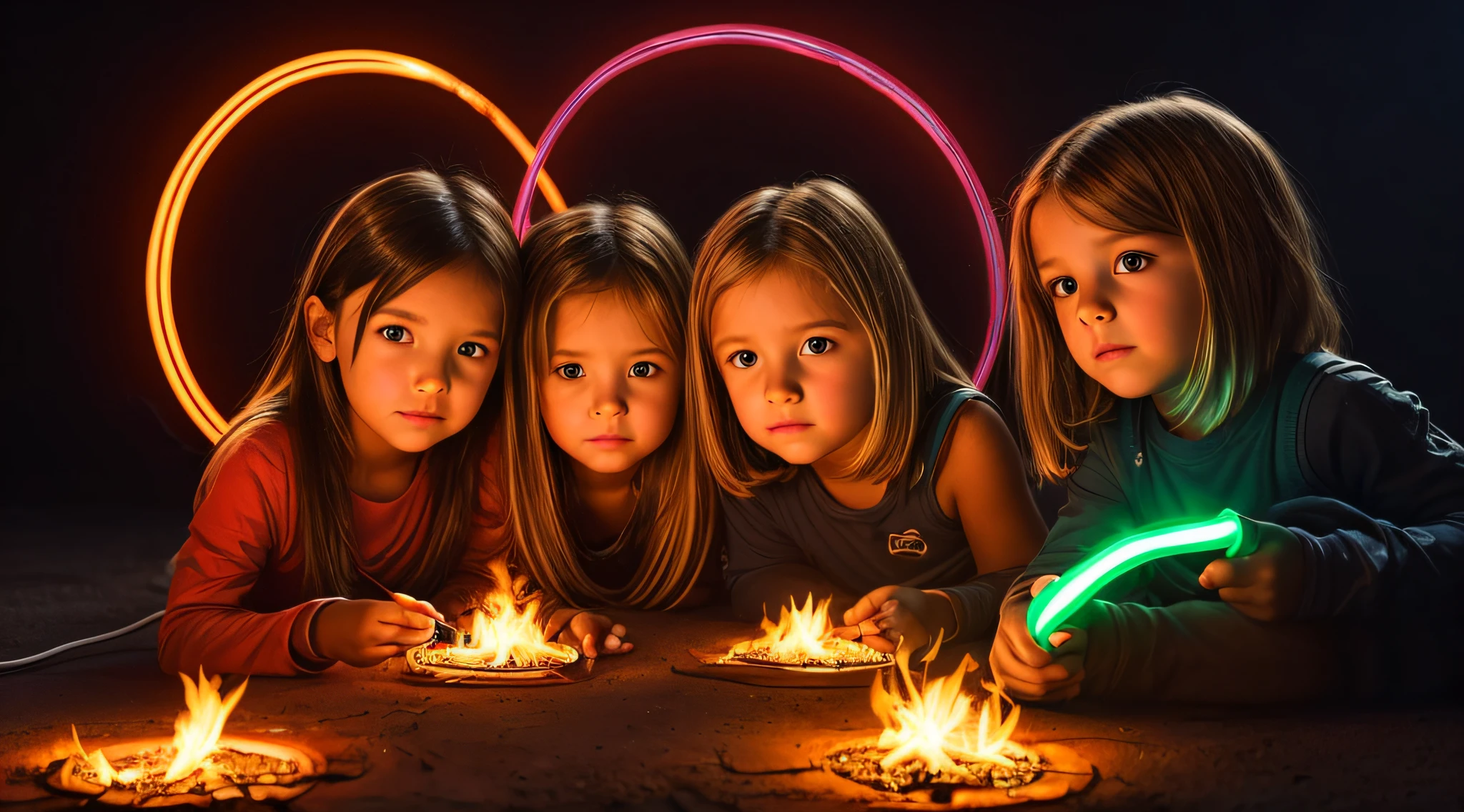 halo de NEON luminoso, there are two CHILDREN GIRLS WITH BLONDE HAIR in front of a ring of fire,