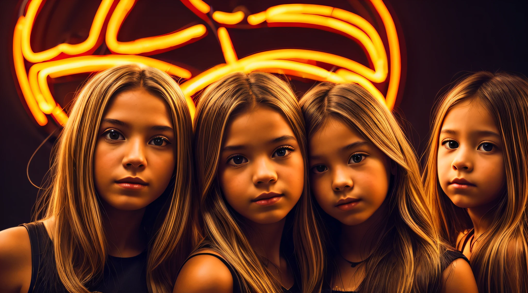 halo de NEON luminoso, there are two CHILDREN GIRLS WITH BLONDE HAIR in front of a ring of fire,