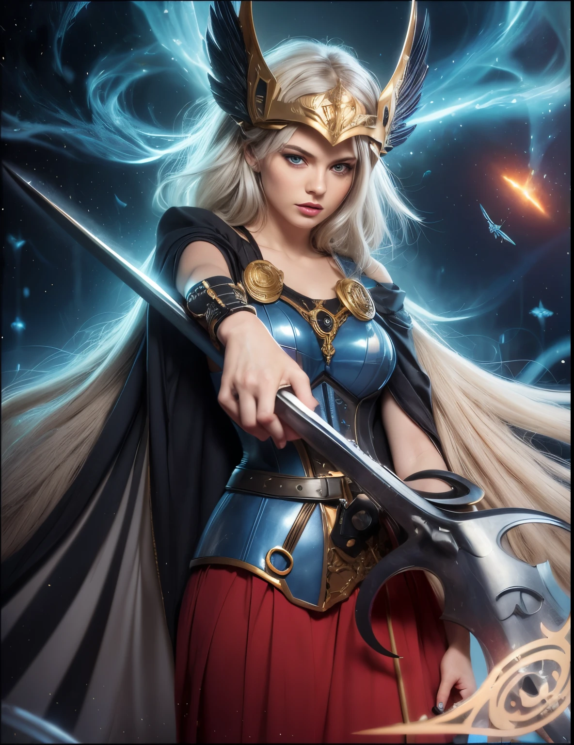 Masterpiece, watercolor: High resolution. Very detailed. realistic. ultra-realistic. Hlaf-body of female. Young woman about 20 years old. 1girl. Nordic. Delicate facial features. detailed face. Defiance face. Looking dawn. ((Pretty Big blue eyes)). Big eyes. Evil eyes. Very light white skin. ((Pretty long light grey hair)). Straight hair. layered hair (hair parcial cute at shoulders). (Cut hair at back). Bangs. Hair blowing in the air. Wing helmet. Golden ornate bracelet on right arm. Dark blue cloak. Dark grey ornate armor corset. Golden details on corset. Long dark red skirt. Titanium detailed spear above left hand.. Cosmic background. Cinematic light.