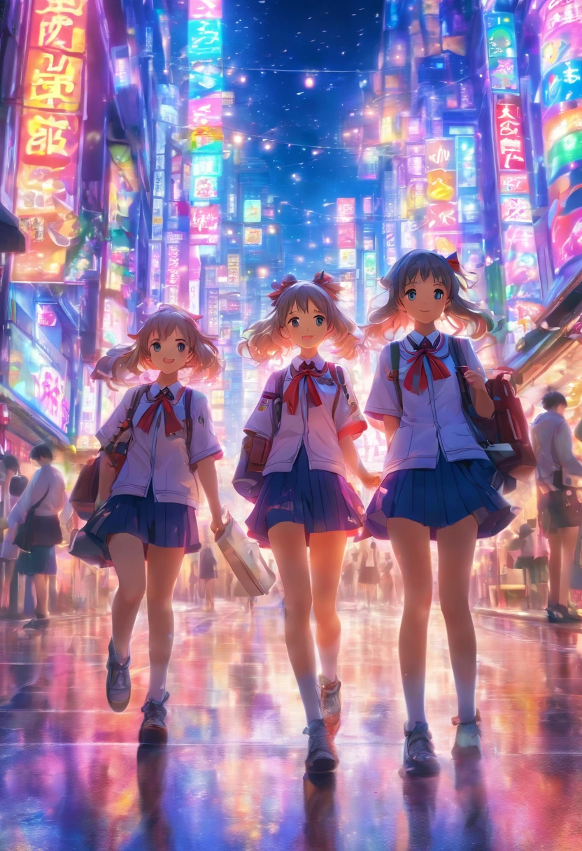 (best quality,4k,8k,highres,masterpiece:1.2),ultra-detailed,(realistic,photorealistic,photo-realistic:1.37),3 18-year-old Japanese schoolgirls walking in Akihabara,portraits,colorful,Akihabara's neon lights,vibrant colors,anime style,fashionable outfits,HDR,UHD,cityscape,school uniforms,technology stores,cheerful expressions,crowded streets,cosplay costumes,concept artists,modern architecture,bright and lively atmosphere,sakura trees in full bloom,bustling pedestrians,cafes and restaurants,mobile phones,anime merchandise,friendship,unique fashion trends,street food stalls,anime posters and billboards,electric power lines,playful poses,expressive eyes,happy laughter,urban exploration,city life,cosplay accessories,character mascots,cute keychains,otaku culture)+