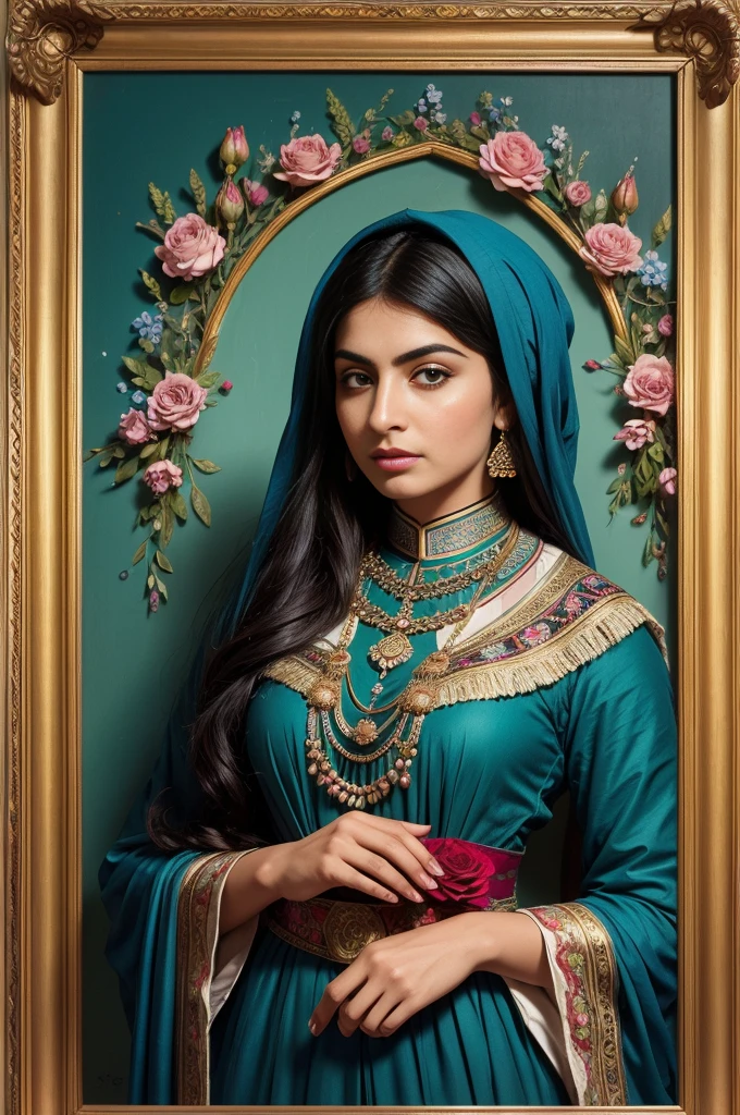 Persian Qajar period woman , in traditional blue-green clothes , background contains painting of nightingale among rose and peony flowers, floral frame , ((perfect rectangular frame))