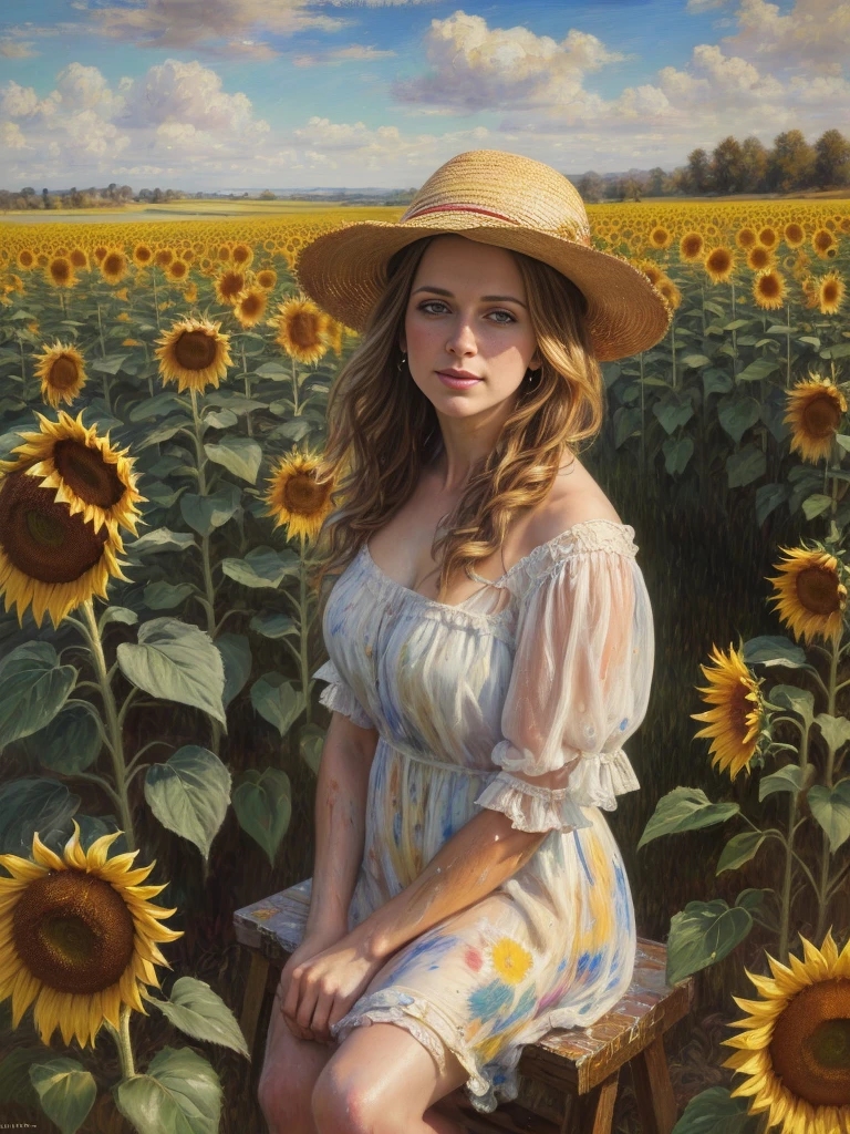 ((oil painting, brush strokes, paint splashes:1.2)), colorful, masterpiece, best quality, ultra detailed wallpaper, 1girl 27 years old with sunflowers in her hair, Wearing a straw hat, 2 brown braids, cornfield, star, surreal dreamscape, sunflowers in the field in the backgroung, surreal dreamscape, (best quality,4k,8k,highres,masterpiece:1.2),ultra-detailed,(realistic,photorealistic,photo-realistic:1.37),portrait, painting by Daniel Gerhartz, Bryce CAMERON LISTON, Monet, expressive pose, studio lighting,vibrant colors,dramatic lighting,contrast, Mediterranean atmosphere, abstract, abstract background