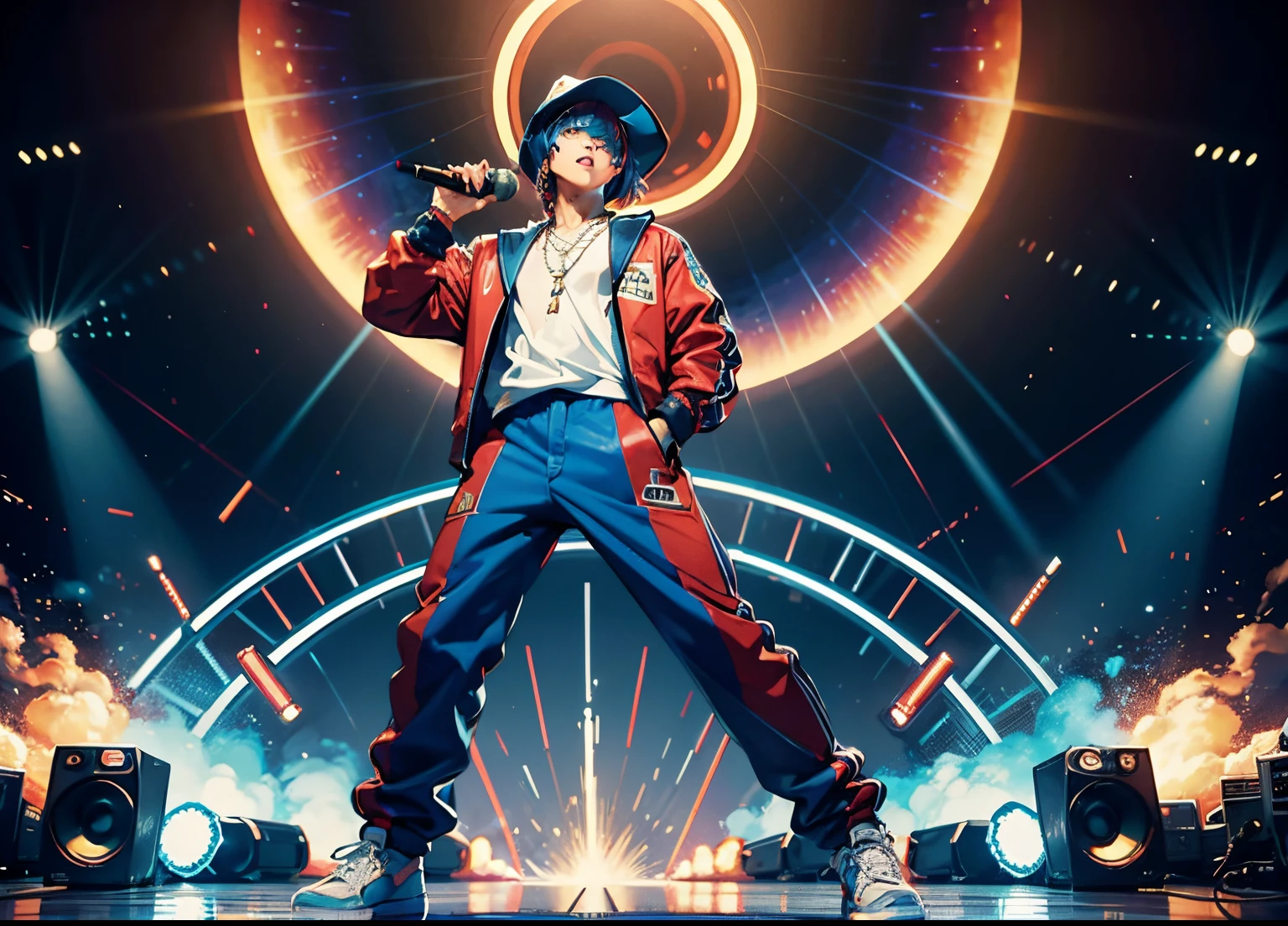 tmasterpiece, Best quality at best, hyper-detailing, CG illustration, Proper shading, Best quality,8K,tmasterpiece,Master illustration,1人,Tall boy,Full-body art,Handsome,Handsome,Skinny,Earphone,Headsets,Hip hop hats,big laughter,largeeyes,golden rings,Silver necklace,musicians,music master,DJ,Hip hop,Bungee,rapping,Rock,Music,🎵,Wide-leg pants,Lunette de soleil,microphones,holding a mic,Audio,Handsome boy,Reddish and blue hair,Explosive hair style,popcorn hairstyle,Handsome,rap,Disco,pop star,Explosion site,High board shoes,Open minded,wide outer lining,Diffuse color,red blue scattered,Laser wind