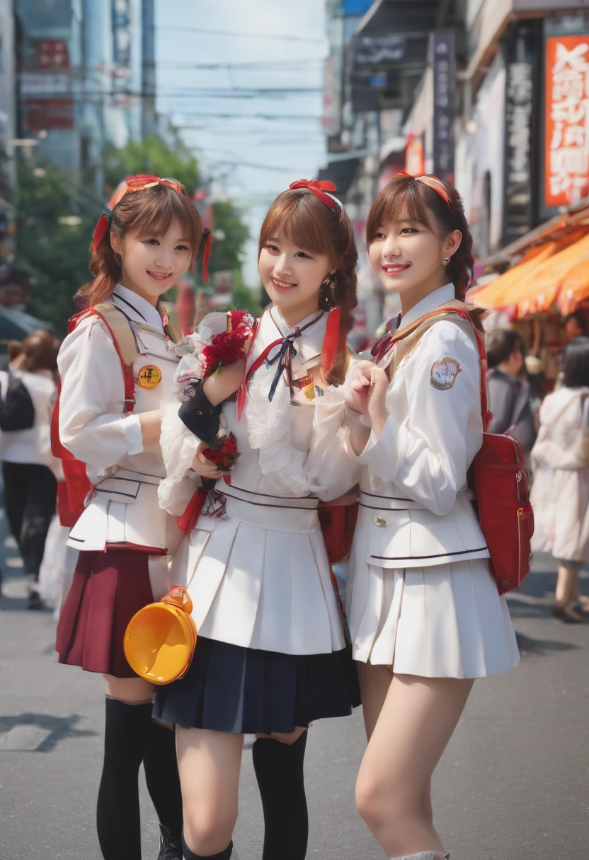 (best quality,4k,8k,highres,masterpiece:1.2),ultra-detailed,(realistic,photorealistic,photo-realistic:1.37),3 18-year-old Japanese schoolgirls walking in Akihabara,portraits,colorful,Akihabara's neon lights,vibrant colors,anime style,fashionable outfits,HDR,UHD,cityscape,school uniforms,technology stores,cheerful expressions,crowded streets,cosplay costumes,concept artists,modern architecture,bright and lively atmosphere,sakura trees in full bloom,bustling pedestrians,cafes and restaurants,mobile phones,anime merchandise,friendship,unique fashion trends,street food stalls,anime posters and billboards,electric power lines,playful poses,expressive eyes,happy laughter,urban exploration,city life,cosplay accessories,character mascots,cute keychains,otaku culture)+