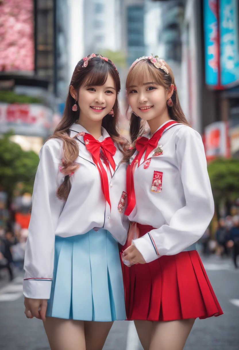 (best quality,4k,8k,highres,masterpiece:1.2),ultra-detailed,(realistic,photorealistic,photo-realistic:1.37),3 18-year-old Japanese schoolgirls walking in Akihabara,portraits,colorful,Akihabara's neon lights,vibrant colors,anime style,fashionable outfits,HDR,UHD,cityscape,school uniforms,technology stores,cheerful expressions,crowded streets,cosplay costumes,concept artists,modern architecture,bright and lively atmosphere,sakura trees in full bloom,bustling pedestrians,cafes and restaurants,mobile phones,anime merchandise,friendship,unique fashion trends,street food stalls,anime posters and billboards,electric power lines,playful poses,expressive eyes,happy laughter,urban exploration,city life,cosplay accessories,character mascots,cute keychains,otaku culture)+
