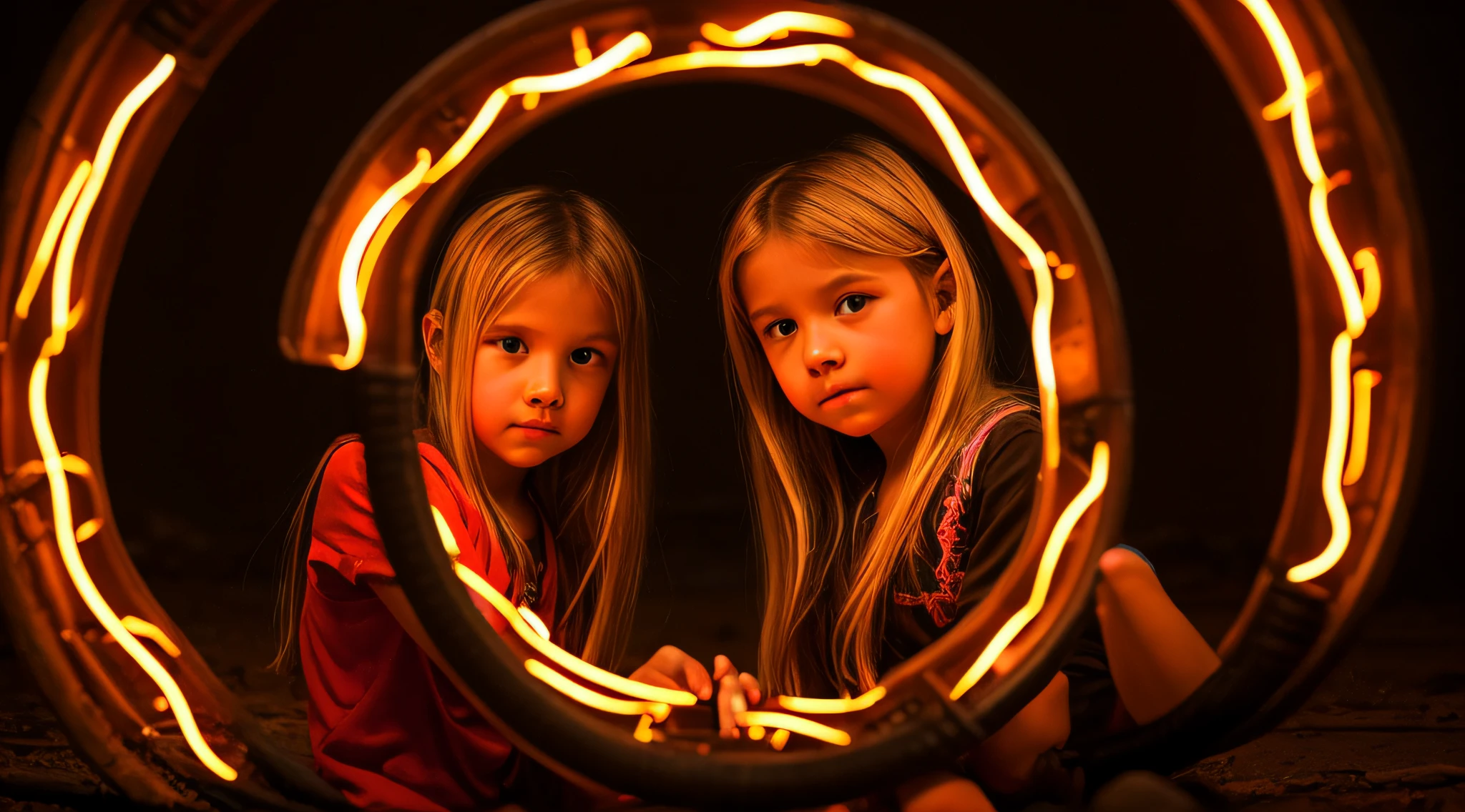 halo de NEON luminoso, there are two CHILDREN GIRLS WITH BLONDE HAIR in front of a ring of fire,