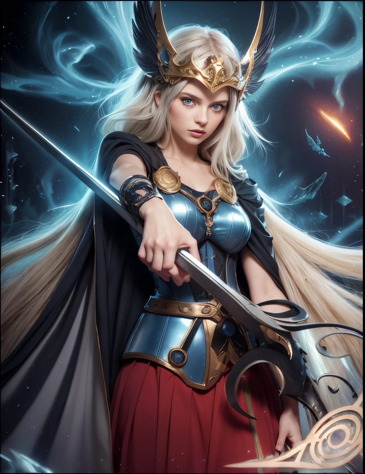 Masterpiece, watercolor: High resolution. Very detailed. realistic. ultra-realistic. Hlaf-body of female. Young woman about 20 years old. 1girl. Nordic. Delicate facial features. detailed face. Defiance face. Looking dawn. ((Pretty Big blue eyes)). Big eyes. Evil eyes. Very light white skin. ((Pretty long light grey hair)). Straight hair. layered hair (hair parcial cute at shoulders). (Cut hair at back). Bangs. Hair blowing in the air. Wing helmet. Golden ornate bracelet on right arm. Dark blue cloak. Dark grey ornate armor corset. Golden details on corset. Long dark red skirt. Titanium detailed spear above left hand.. Cosmic background. Cinematic light.
