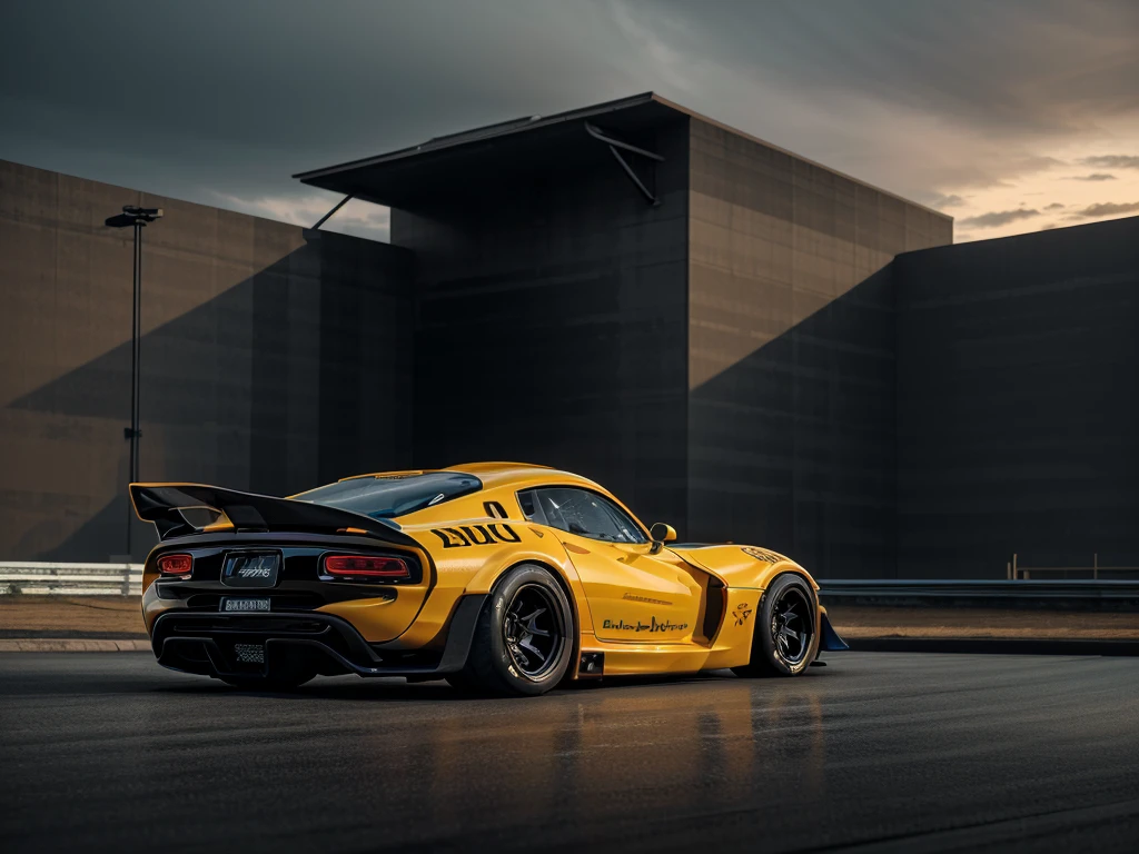 ((Dodge Viper SRT GTS-R)), (Venom matte black,) ((Jon Sibal black tactical Body Kit with rear spoiler)), front bumper splitters, side skirts, flared wheel arches, ((ominous looking)), (yellow racing alloy rims), ((lowered racing suspension)), high performance racing tyres, outdoors((gloomy sunset)) Wide angle lens, cgsociety, artstation, cgi, photorealistic, cinematic lighting, offset noise, ground shadows and reflections, 4k, inspired by dystopian cyberpunk, HDR studio light, {{supreme aerodynamics for maximum downforce}}, 3ds max, corona renderer, perfectly coloured, jaw dropping, sensational, menacing look, headlights on, parked in an empty city street, 4k wallpaper, futuristic sci-fi supercar with enormous power, ((race track background)), ((nighttime scene)), sunset, high spec automotive concept art, reflective ground shadows, symmetrical design, CGI, trending on artstation, behance contest winner, cgsociety, highly detailed and imaginative design and craftmanship, 4k wallpaper