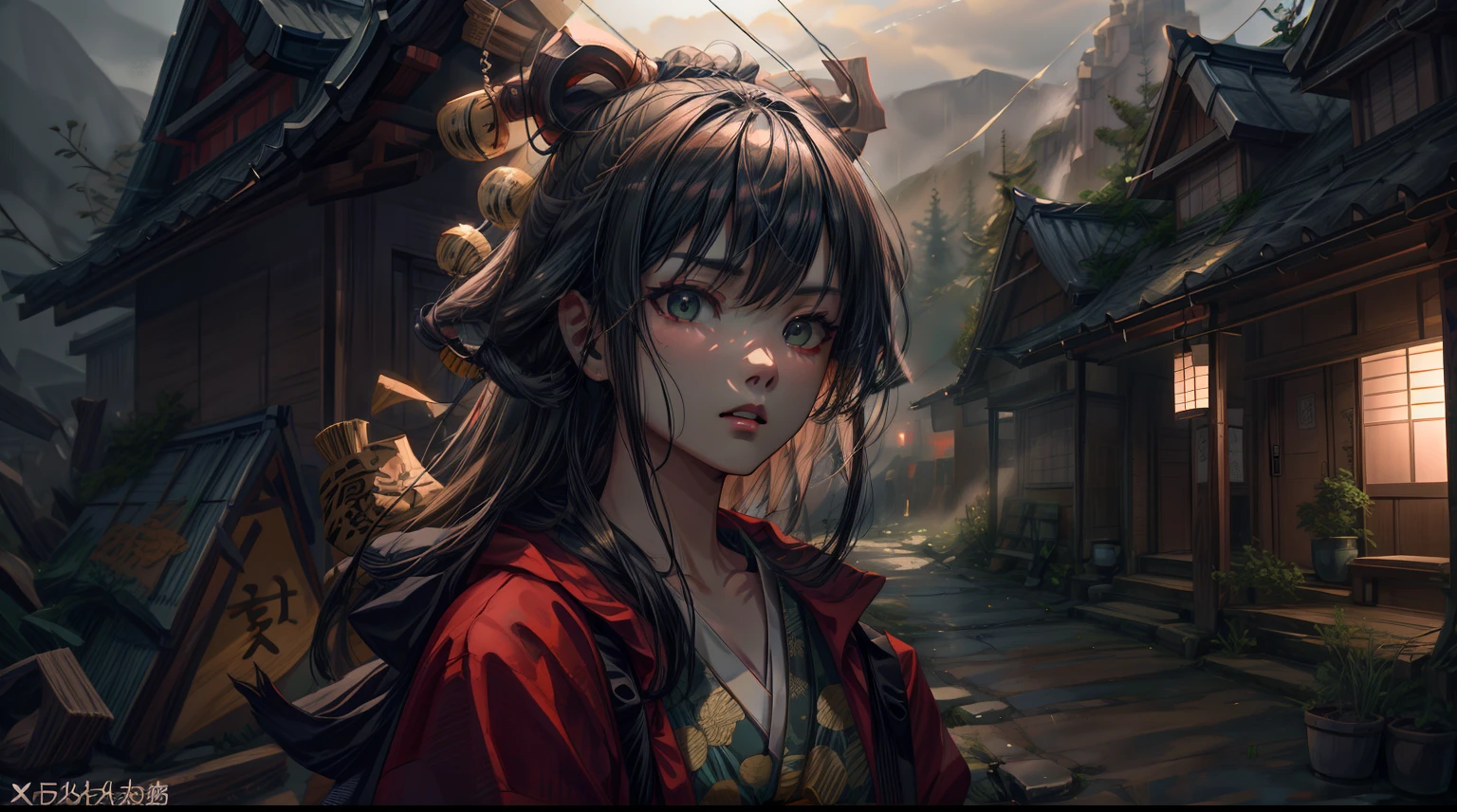 scared samurai oni mask,monster background,(best quality,4k,8k,highres,masterpiece:1.2),ultra-detailed,(realistic,photorealistic,photo-realistic:1.37),dark and mysterious atmosphere,ominous lighting,authentic Japanese texture,ominous and towering mountains,misty and eerie forest,haunting green eyes,loud growls piercing the silence,sharp and menacing horns,intimidating presence of shadows,dynamic and intense brush strokes,evokes traditional Japanese woodblock prints.