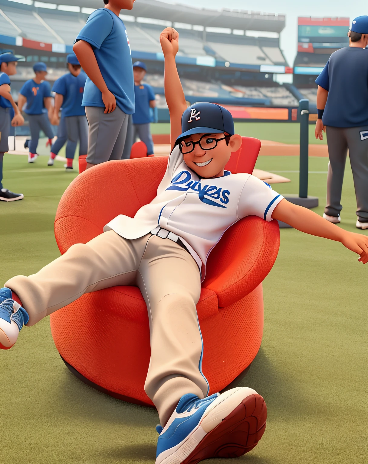 Pixar cartoon type b, boy sitting on a red chair in a baseball field, having a great time, in a rock chair, on the field. Boy had tan pants, van shoes, black rimmed glasses, dodgers baseball hat, tan skin, dark hair, white dodger jersey