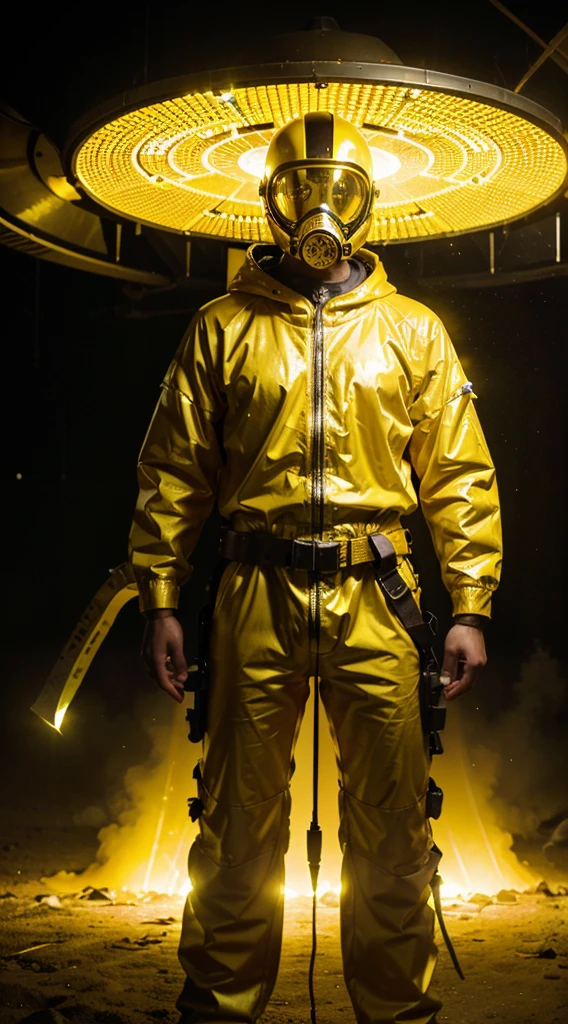 Man in yellow color gas mask and dressed in yellow color futuristic costume with very bright yellow color LED lights on the costume and holding a very shiny golden ax with blood marks and background with space UFOs and aliens looking at the viewer serious and thunder