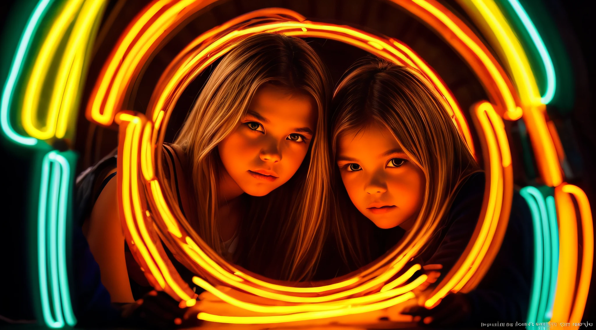 halo de NEON luminoso, there are two CHILDREN GIRLS WITH BLONDE HAIR in front of a ring of fire,