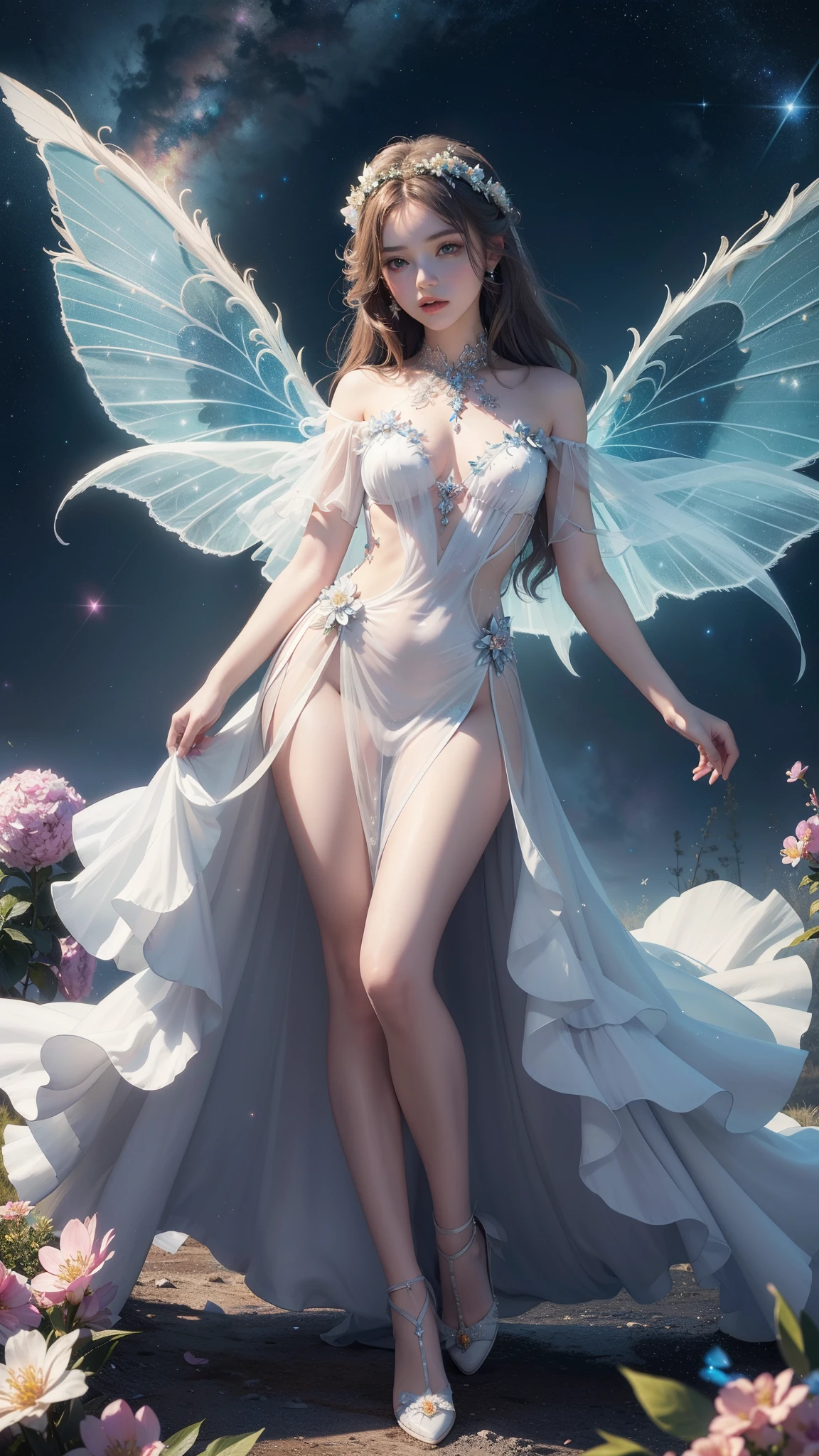 Full Body Shot, 4k ultra hd, masterpiece, a girl, good face, detailed eyes, detailed lips, flower fairy girl, big wings, transparent wings, neon lights, magnificent background, white dress, bare waist, flower crown, starry sky background, divine light, attractive pose,