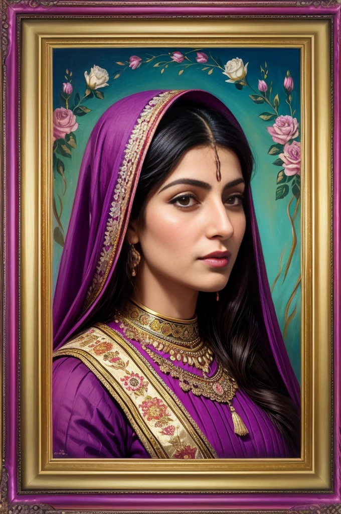 Persian Qajar period woman , 50 years old , in traditional violet-yellow clothes , background contains painting of nightingale among rose and peony flowers, floral frame , ((perfect rectangular frame))