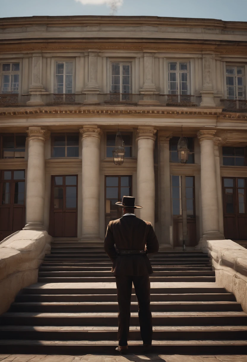 A picture of Dutch standing in front of a historic government building with a raised fist.,Red Dead Redemption 2,Well groomed man in late forties early fifties. Oily black hair which is swept back, neatly trimmed black moustache with patch of beard on his chin. Favours a black pork pie fedora hat., male