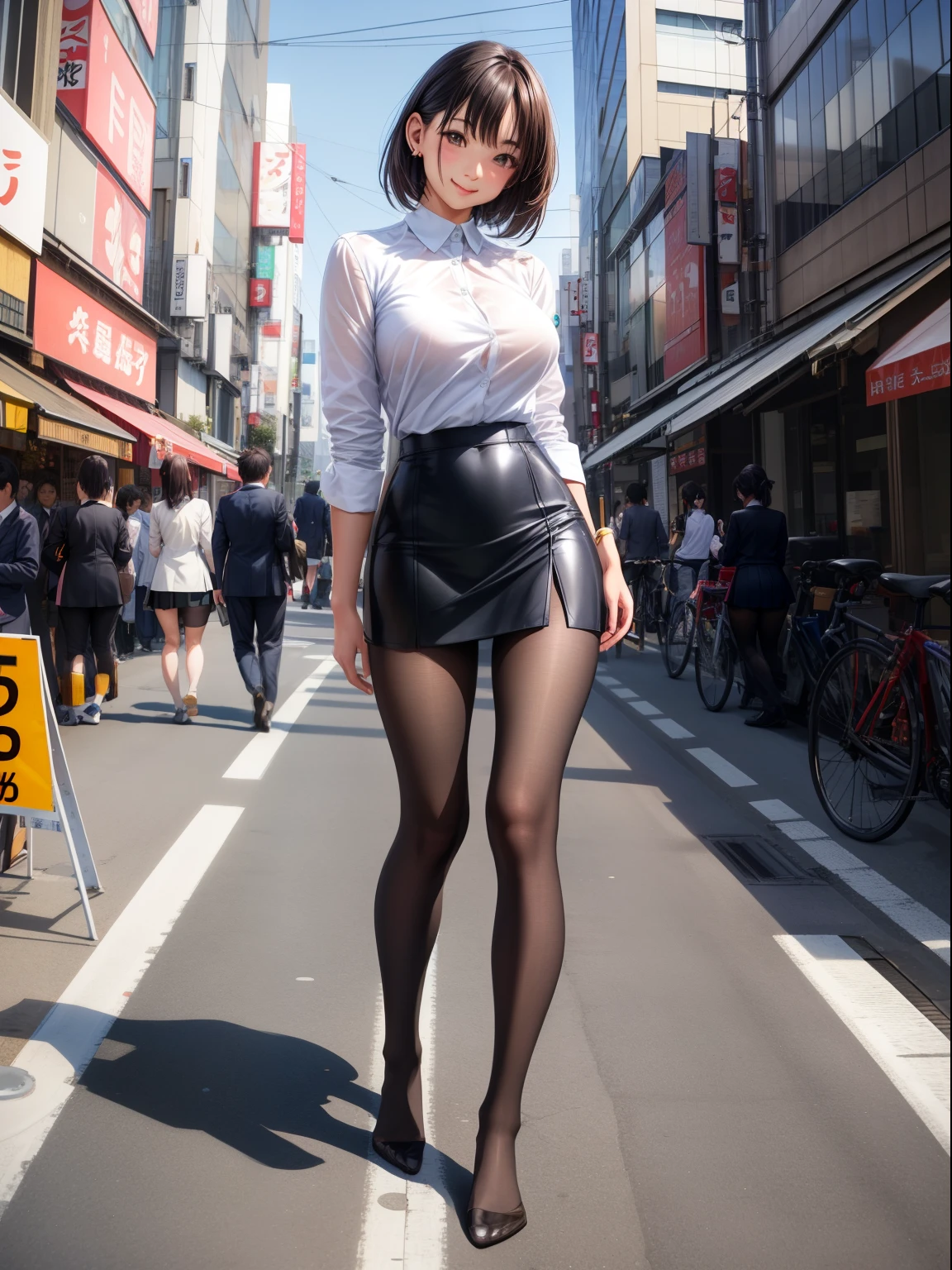 Show entire body, mixed race female, wearing tight button down shirt, short skirt, pantyhose, no shoes, walking , Tokyo streets, shy smile, photorealistic, great detail