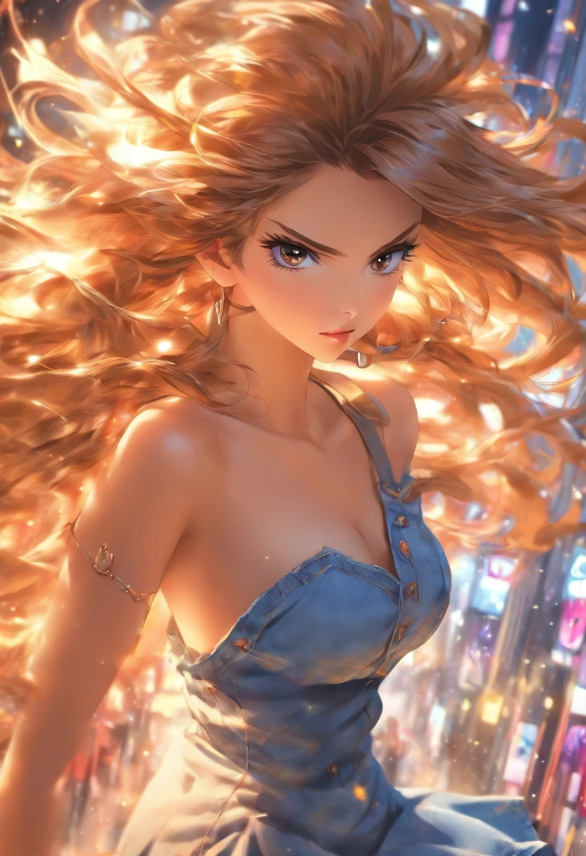 masterpiece:1.2,fashion illustration,detailed face,detailed eyes,detailed lips,brown hair,exposed shoulders,long flowing hair,dress,denim,dynamic pose,dynamic angle
