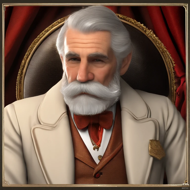 Appearance:[elderly male, wearing a well tailored suit, monocle over left eye, greying hair, white handlebar mustache and beard, red vest, golden pocket watch],original,Appearance:[elderly male, wearing a well tailored suit, monocle over left eye, greying hair, white handlebar mustache and beard, red vest, golden pocket watch], male,face,photo