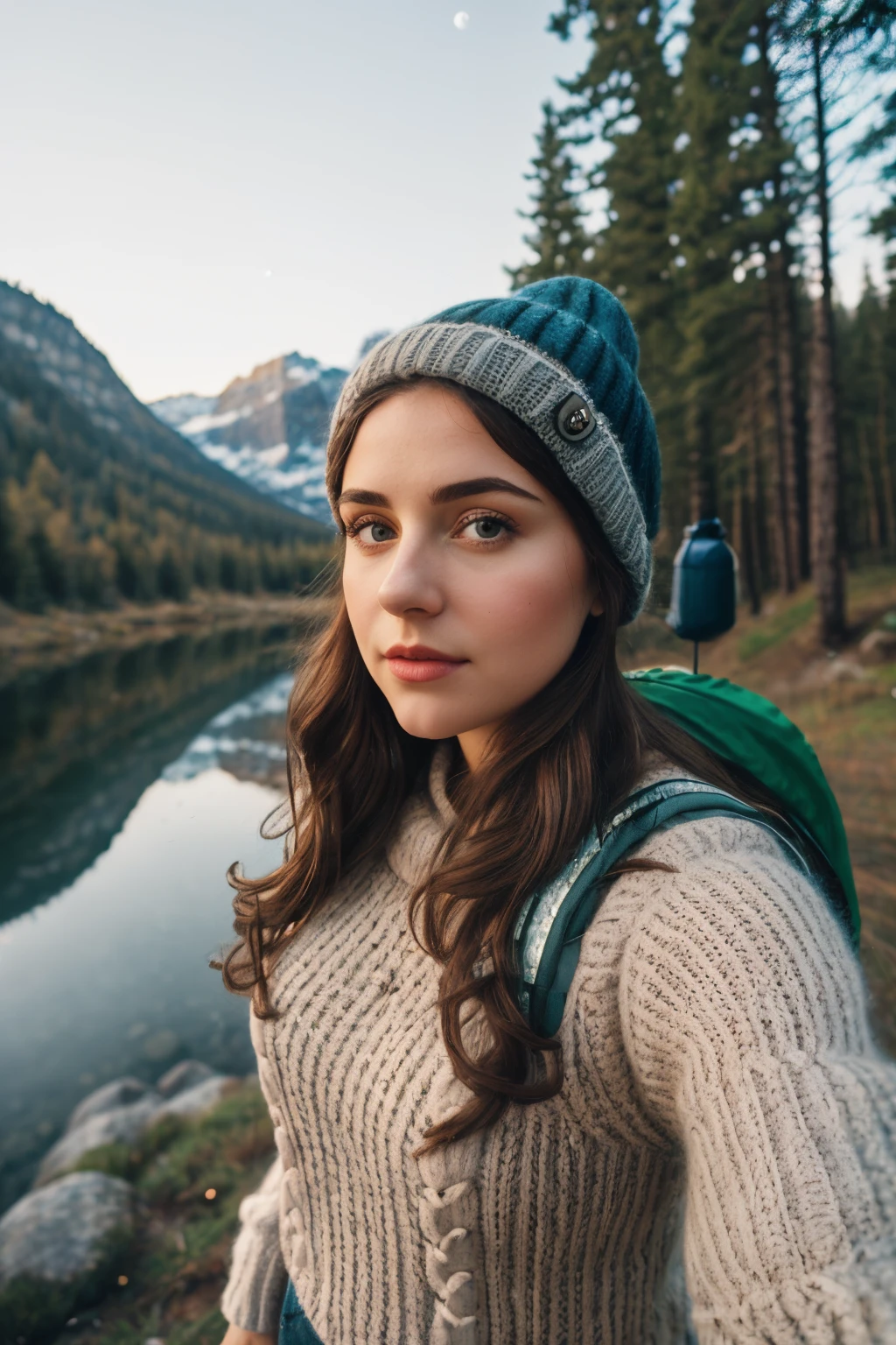 young woman ((upper body selfie, happy)),, spanish woman, russian woman, heart shaped face, big eyes, lace and bows, hair bow, posing for a picture, masterpiece, best quality, ultra-detailed, ground, outdoor, (night), mountains, nature, (stars, moon) cheerful, happy, backpack, bag sleeping, camping stove, water bottle, mountain boots, gloves, sweater, hat, lantern, forest, stones, river, wood, smoke, shadows, contrast, clear sky, style, (warm hue, warm tone)