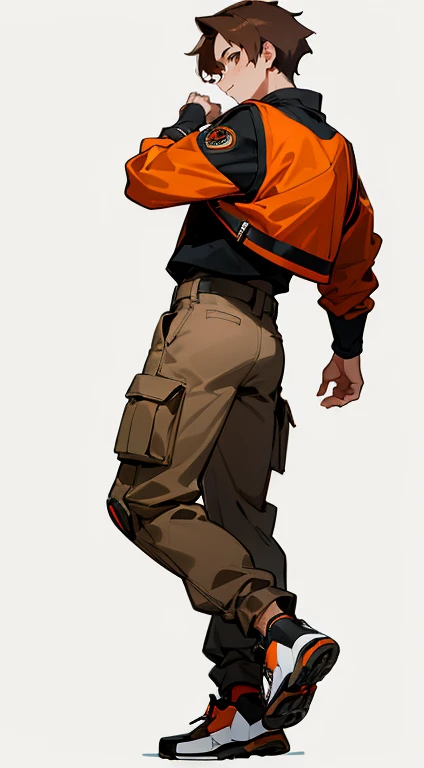 a male young adult looking backwards, orange and black college jacket, brown cargo pants, white sport sneakers, brown hair, brown eyes, anime style, 4k, white background, full body, standing