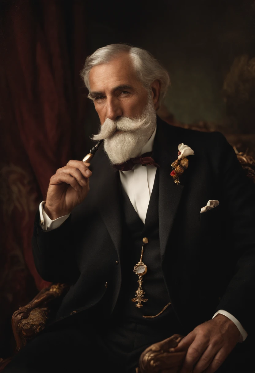 A close-up photo of a beautifully carved ornate tobacco pipe, emitting wisps of smoke.,original,Appearance:[elderly male, wearing a well tailored suit, monocle over left eye, greying hair, white handlebar mustache and beard, red vest, golden pocket watch], male