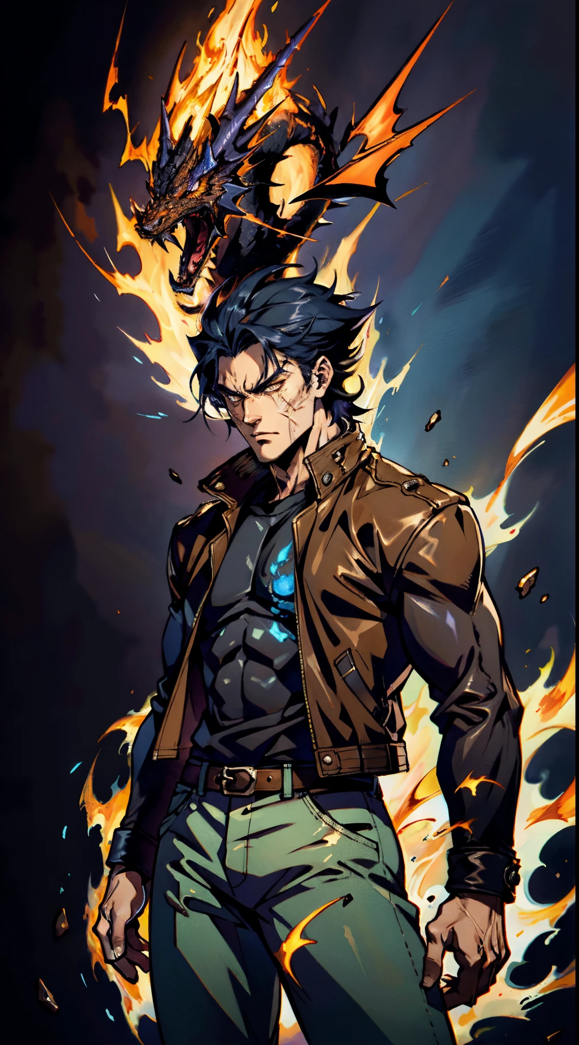 A young man, dark blue short hair, long bangs covering half of his face, sharp eyes, a long scar on his face, an expression of discontent, a fantasy-realistic style leather jacket over a dark undershirt, trousers that matching the outfit, black fire swirling around, the background depicts a menacing dragon formed by black flames, this character embodies a finely crafted fantasy-realistic in anime style, exquisite and mature manga art style, high definition, best quality, highres, ultra-detailed, ultra-fine painting, extremely delicate, professional, anatomically correct, symmetrical face, extremely detailed eyes and face, high quality eyes, creativity, RAW photo, UHD, 8k, Natural light, cinematic lighting, masterpiece-anatomy-perfect, masterpiece:1.5