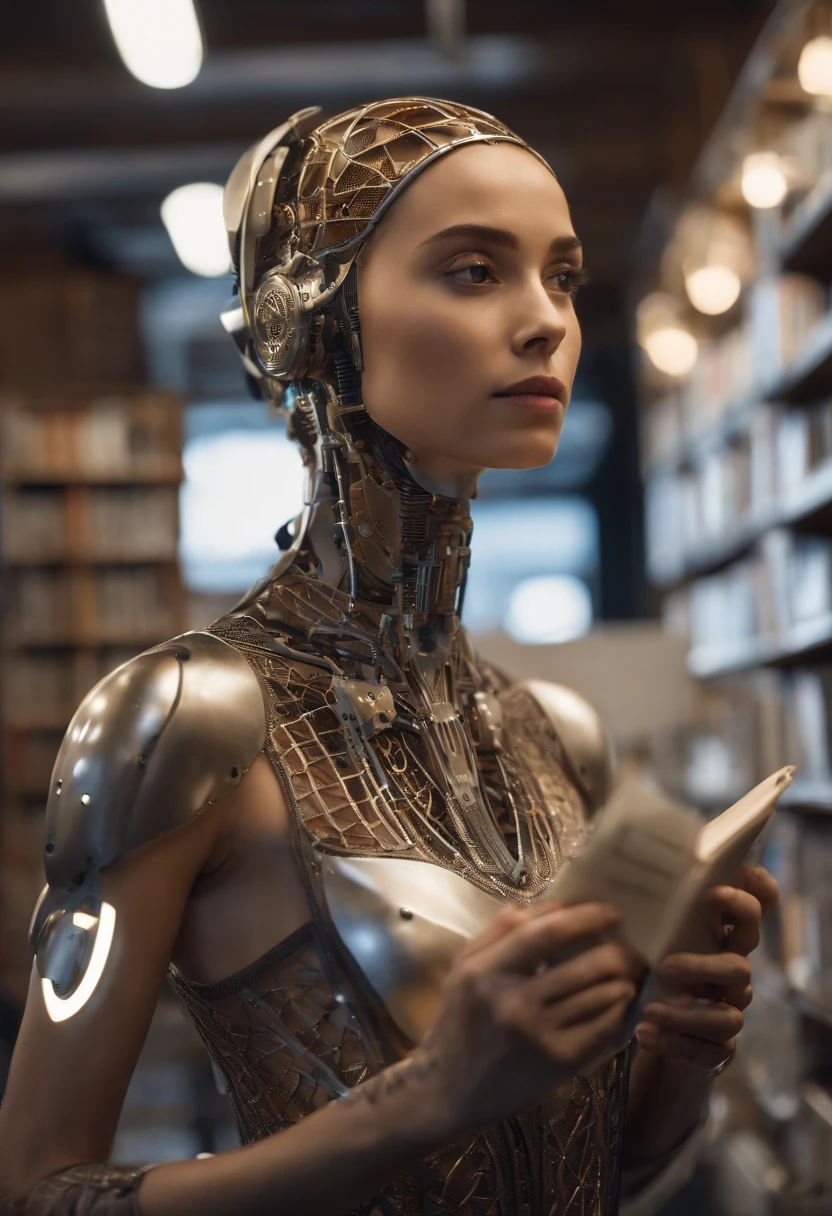 A photo of Ava browsing through a bookstore, holding a stack of books in her arms.,Ex Machina,Ava, the AI character from “Ex Machina,” possesses a striking appearance that blends human and robotic elements: a delicate, humanoid face with expressive eyes and features, set atop a transparent, mesh-like body that reveals her mechanical inner workings. This design creates a sense of otherworldly beauty and fragility, highlighting her advanced technology., female