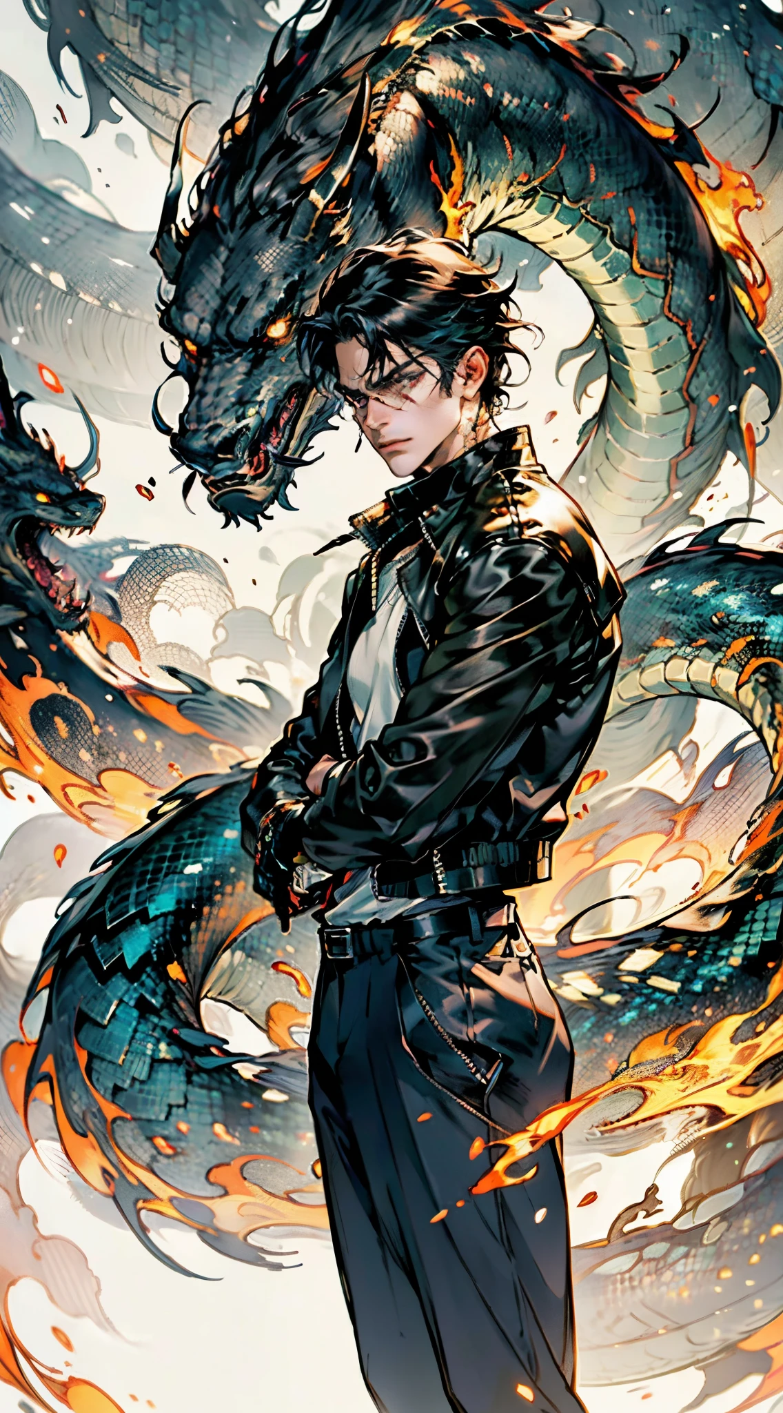 A young man, dark blue short hair, long bangs covering half of his face, sharp eyes, a long scar on his face, an expression of discontent, a fantasy-realistic style leather jacket over a dark undershirt, trousers that matching the outfit, black fire swirling around, the background depicts a menacing dragon formed by black flames, this character embodies a finely crafted fantasy-realistic in anime style, exquisite and mature manga art style, high definition, best quality, highres, ultra-detailed, ultra-fine painting, extremely delicate, professional, anatomically correct, symmetrical face, extremely detailed eyes and face, high quality eyes, creativity, RAW photo, UHD, 8k, Natural light, cinematic lighting, masterpiece-anatomy-perfect, masterpiece:1.5